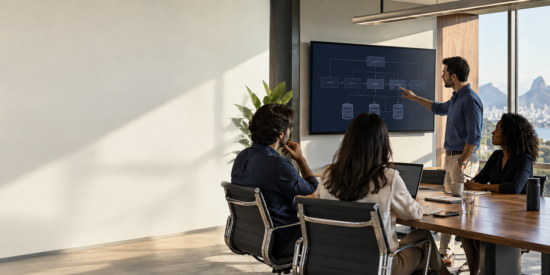 Lideranças discutindo uma solução digital em reunião
